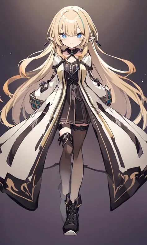 cute elf Young woman [lightgreen] eyeliner piercing small breasts skindantation shiny hair gradation [gradient partially [blond:silver:0.9] hair] super long hair blue eyes ((eyes visible through hair)) whiskers +++ vivid blond dress, blouse white super long coat, thighhighs, darkbrown lace-up long boots, charcoal collar thigh_gap