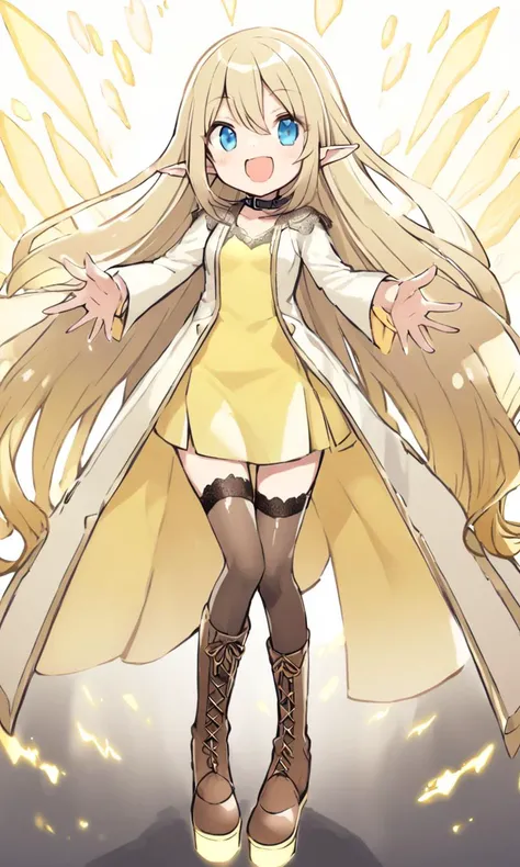 cute elf Young woman [lightgreen] eyeliner piercing small breasts skindantation shiny hair gradation [gradient partially [blond:silver:0.9] hair] super long hair blue eyes ((eyes visible through hair)) Jubilant +++ pale yellow dress, blouse white super long coat, thighhighs, darkbrown lace-up long boots, charcoal collar thigh_gap