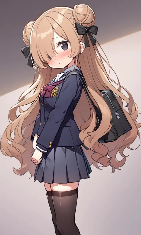 1girl, ite , huge tit , black eyes, clear brown hair, long hair , double bun, wavy hair , hair over one eye, hair flaps , :o, embarrassed , head_tilt standing , from side, school uniform , black bow , thighhighs, school bag