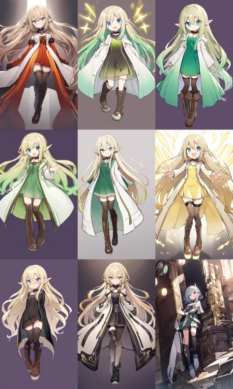 cute elf Young woman [lightgreen] eyeliner piercing small breasts skindantation shiny hair gradation [gradient partially [blond:silver:0.9] hair] super long hair blue eyes ((eyes visible through hair)) __facial__ +++ __strength__ __colors__ dress, blouse white super long coat, thighhighs, darkbrown lace-up long boots, charcoal collar thigh_gap