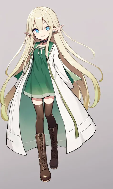 cute elf Young woman [lightgreen] eyeliner piercing small breasts skindantation shiny hair gradation [gradient partially [blond:silver:0.9] hair] super long hair blue eyes ((eyes visible through hair)) squinting eyes smile +++ - green dress, blouse white super long coat, thighhighs, darkbrown lace-up long boots, charcoal collar thigh_gap