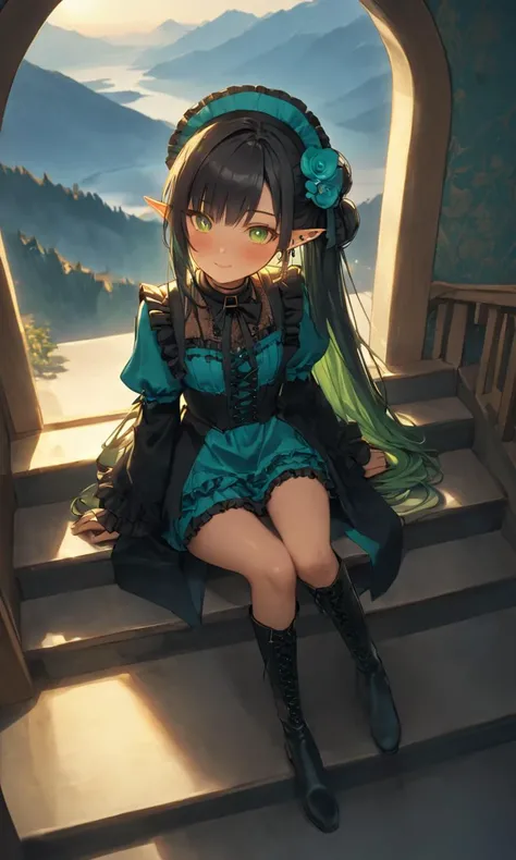 <lora:_sdxl-Blady:0.9> Blady, +++ sitting on stairs, stairs, From a Distance, looking away, High Angle, cinematic lighting, wallpaper, dutch angle, gravure pose, , elf Young woman, pointy ears, lightgreen eyeliner, piercing, small breasts , lips, skindantation shiny hair gradation gradient hair, super long hair, eyes visible through hair, vivid aqua gothic dress, headdress, frilled, puffy sleeves, hair flower, garter, blouse gradient very long coat, thighhighs, darkbrown lace-up long boots, charcoal collar thigh_gap, From a Distance, Seat of the Gods, , Golden Hour, +++ dark green eyes , bright black hair, very long hair , chignon, , asymmetrical bangs, longlocks, blush , +++, happy, :), reflection in mountain lake