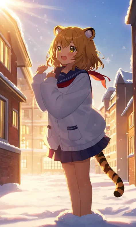 A lively tiger girl in a long-sleeved winter sailor uniform, joyfully hopping in the morning sun, surrounded by soft golden light. She has bright, playful eyes and a fluffy tail, with snowflakes gently falling around her. In the background, a charming school building stands, partially covered in frost, while the first rays of sunlight illuminate the scene, creating a warm and cheerful atmosphere.