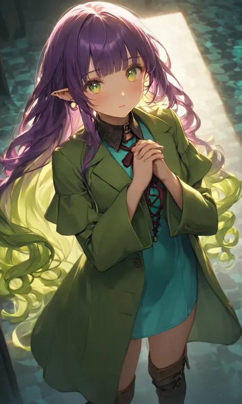 <lora:_sdxl-Blady:0.7> Blady, +++ Covering body with hands, reaching out, looking at another, Overhead Shot, cinematic lighting, wallpaper, dutch angle, gravure pose, , elf Young woman, pointy ears, lightgreen eyeliner, piercing, flat chest , lips, skindantation shiny hair gradation gradient hair, super long hair, eyes visible through hair, transparency aqua Shift Dress, blouse green very long coat, thighhighs, darkbrown lace-up long boots, charcoal collar thigh_gap, from side, Fairy Spring, , Daylight, +++ pale blond eyes odd eyes , deep purple hair, long hair , curly hair, , bangs, sidelocks_on_ribbons, embarrassed , +++, Joyful, falling star moment