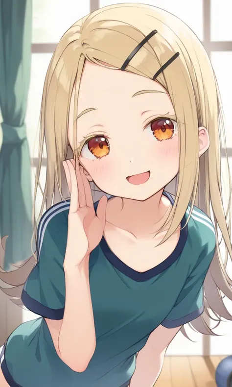 <lora:_sdxl-sasayaki-pony:0.8> sasayaki pov, POV , open mouth, whispering into ear, hand behind someone ear <lora:sdxl-gmas-shinohiro-pony:0.7> 1girl, solo, gakushinohiro, blonde hair, long hair, parted bangs, blonde eyelashes, flat chest, orange eyes, hairclip, pale, Skinny, collarbone, happy, :) +++ green gym uniform