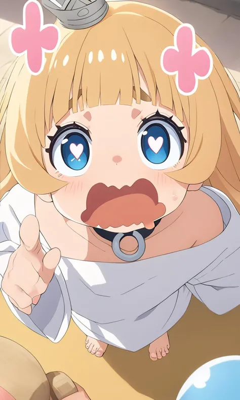 <lora:sdxl-gomon-hime:0.8> 1girl, solo, gomonhime, princess, silver mini crown, flipped hair blonde hair long hair short sidelock shiny hair blunt bangs, blue eyes eyelashes thick eyebrows, toenails +++ white shirt off shoulder long sleeves oversized shirt long shirt wide sleeves, black collar, +++ deformation, large open mouth wavy mouth drooling surprised uvula raised eyebrows heart-shaped pupils, bright pupils , extremely quality extremely detailed, illustration, cute anime face