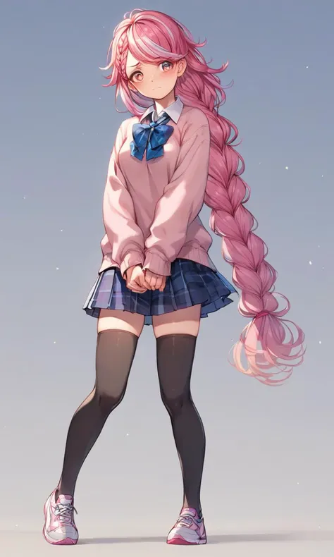 score_9, score_8_up, score_7_up, 1girl, , medium breast , gradient eyes, transparency pink hair, very long hair , braided ponytail, shot hair, streaked hair , swept bangs, sideburns , pupils sparkling, embarrassed , head_tilt standing , From a Distance, school uniform , black long sleeve, sweater , thighhighs, sneakers ,