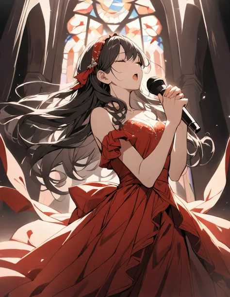 masterpiece, best quality, very aesthetic, absurdres, 1girl, solo, red dress, long dress, red frills, hair band, A dancer with black hair, curly long hair, wearing a frilly red long dress that covers the chest but reveals the collarbones, standing while singing, holding microphone, hands clasped, stage, dark background, bokeh, spotlight from top, ((an extremely delicate and beautiful)) detailed clothes, (beautiful detailed eyes), extremely beautiful detailed skin, looking away, looking up, depth of field, from side, from below, closed eyes, open mouth, blur, floating hair, church, stained glass