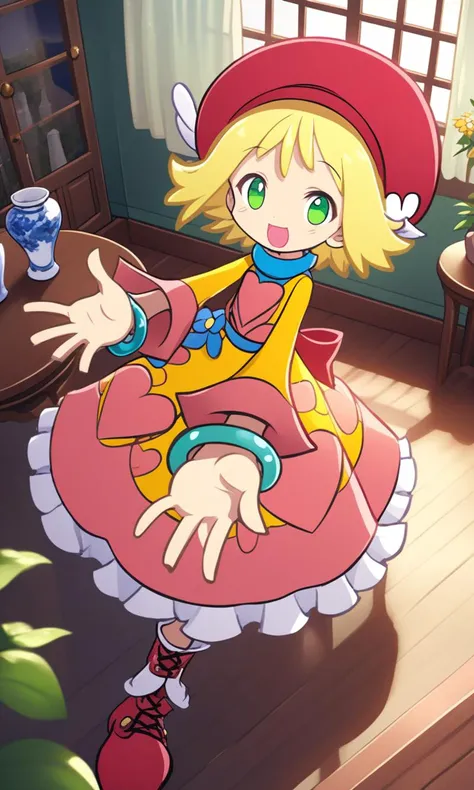 <lora:sdxl-py-amitie:1> 1girl, amitie, green eyes, blonde hair, short hair, bracelet +++ red hat with big eyes and wing, :D heart in mouth , , curtains, indoors, window, sofa, table, pictue, Vases, houseplants, +++ outstretched hand, reaching out, looking down, High Angle, cinematic lighting, intricate , cute intricate dress, gradient ribbon multicolored bow, intricate frilled, long sleeves, bright red intricate ballgown long dress, intricate puffy sleeves, , intricate hair ornament, turquoise flowers hair ornament , frilled bloomers, white stocking with flower pattern, garter straps, intricate Lace, intricate cross-laced footwear boots +++ Castle Gardens , happy