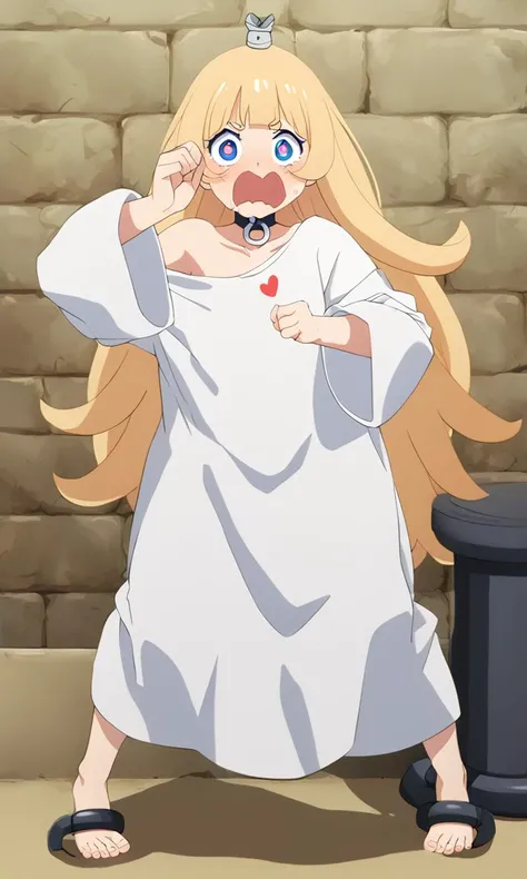 <lora:sdxl-gomon-hime:0.8> 1girl, solo, gomonhime, princess, silver mini crown, flipped hair blonde hair long hair short sidelock shiny hair blunt bangs, blue eyes eyelashes thick eyebrows, toenails +++ white shirt off shoulder long sleeves oversized shirt long shirt wide sleeves, black collar, shackles, Prison iron bars +++ deformation, large open mouth wavy mouth drooling surprised uvula raised eyebrows heart-shaped pupils, bright pupils