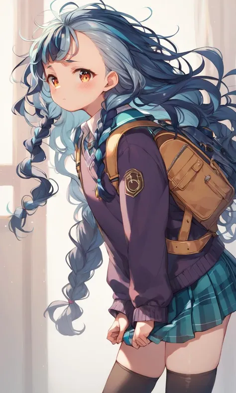 score_9, score_8_up, score_7_up, 1girl, , young , flat chest , multicolored eyes, pale indigo hair, very long hair , twin braids, wavy hair , hair pulled back, sideburns , :d, blush , , From Up, school uniform , brown long sleeve, sweater , thighhighs, work boots , indigo backpack