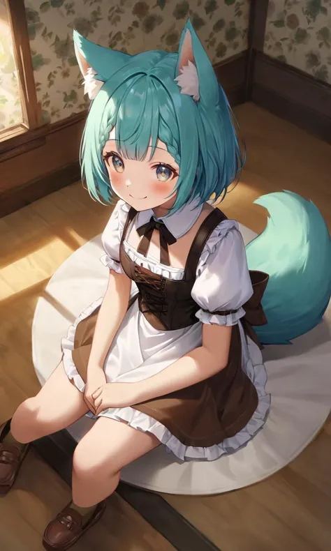 +++ sitting in seiza, between the legs, look up to, Overhead Shot, cinematic lighting, wallpaper, dutch angle, gravure pose, , 1girl, white fur_body, fur_leg, white fennec_fox eras, white fox tail, fennec girl, white fluffy, furry beastman, :3 , eyeliner, blooming , vivid gray eyes , - aqua hair, short hair , multiple braids, long hair, , asymmetrical bangs, sideburns, blush , , small beasts , eyes visible through hair, dirndl, white dress, puffy sleeves, brown leaser bustier, double-breasted, underbust, dark hazel corset, hazel long skirt, white apron, wooden shoes, :p, smile, extremely quality extremely detailed, Faint lips,UC:realistic glow shine like opal deep-silky-healthy-lackwarm-foundational-soft-skin, photo realistic, ray trace, depth of field