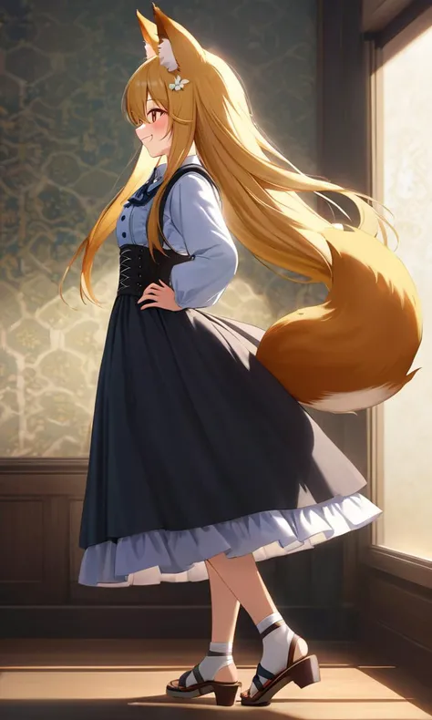 +++ Hands on hips, From Front, looking to the side, Profile Shot, cinematic lighting, wallpaper, dutch angle, gravure pose, , 1girl, kitsune girl, blonde hair, very long hair, hair between eyes, kitsune eras, fox tails of three, gradient eyes, eyeliner, skindentation, :3, happy , white kimono, vermilion hakama, geta , hair flowers kanzashi, fox mask, black dress shirt, puffy sleeves, double-breasted, underbust. indigo frilled intricate long_skirt, pannier, bustier, corset, crinoline, stockings, high_heels_sandals, embarrassed nose blush smile, extremely quality extremely detailed, Faint lips,UC:realistic glow shine like opal deep-silky-healthy-lackwarm-foundational-soft-skin, photo realistic, ray trace, depth of field