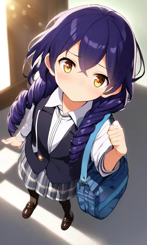 1girl, , flat chest , iridescence eyes, , indigo hair, long hair , braided ponytail, shot hair, drill hair , crossed bangs, sideburns , embarrassed , head_tilt , dark broen school uniform, iridescence long pleated skirt, coral bow , , pantyhose, loafers , navy school bag, bag charm, bag charm, bag charm , portrait, looking down, Overhead view, contrapposto, dynamic pose, Bashful, Ramen Shop , Hard Light, bokeh, depth of field, Crowds, daytime, morning light, whitish light, sunlight, strong light, coming in light, rays light, sparkles, lens flare, cinematic lighting