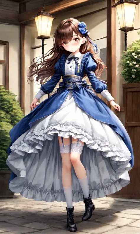 1girl , bright gradient eyes , , , vivid brown hair, long hair , pixie cut, , one eye visible through hair, sidelocks, embarrassed , , small beasts , , , skindentation, intricate , cute petitecate dress, burgundy ribbon vermilion bow, intricate frilled, long sleeves, gold trim white intricate ballgown long dress, intricate puffy sleeves, , intricate hair ornament, blue flowers hair ornament , frilled bloomers, white stocking with flower pattern, garter straps, intricate Lace, intricate cross-laced footwear boots +++ flower garden , pupils sparkling, ((watercolor (medium))) watercolorpaper, Cordyline garden, English Garden, fantastic, strong light, wind, light coming in, royal garden, many Erythrina, British Garden, Nematanthus Arch, Brick wall, gas lamps, depth, wide, high sky