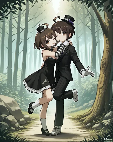 ,CUTE,forest, trees,wilderness 1girl,kiss,1boy,black suit,,<lora:Komaru_Naegi:0.8> komaru naegi,ort hair, dark brown hair, (ahoge), ,large breasts,wink, tongue out, looking at viewer, smile, standing on one leg,, score_9, score_8_up,score_7_up,score_6_up,, , elbow_gloves,black_dress,mini_top_hat,,black_hat,single_glove,striped_gloves,,