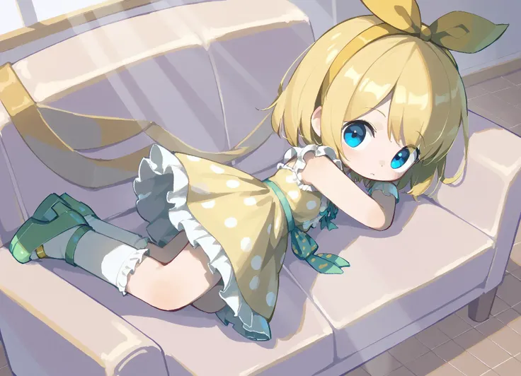 1girl, solo, kagamine_rin, small breasts, short hair, yellow hair, blue eyes, yellow ribbon, hairband, (polka dot ribbon:1.15), (green bow:1.1), yellow dress, polka dot dress, frilled dress, frilled skirt, frills, frilled socks, white socks, (green high heels:1.1),
indoors, couch, on_couch, lying, on stomach, (from_above:1.2), from_side, legs out of frame, morning, light_rays,