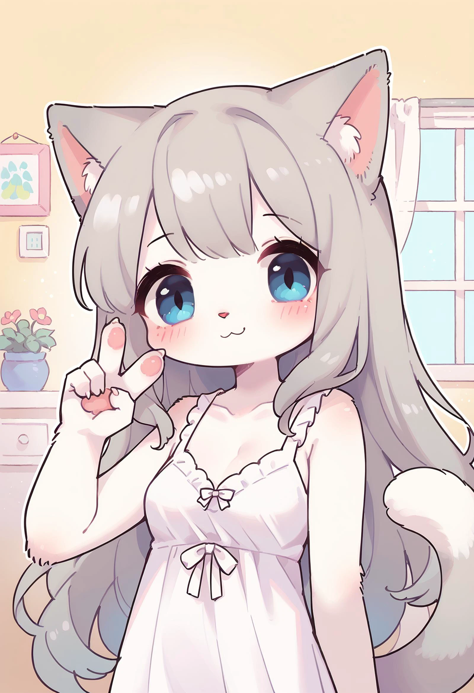 score_9, score_8_up, score_7_up,
1girl, furry,anthro, upper body, 1girl, solo, long hair, gray hair, blue eye, white nightgown, looking at viewer, smile, cat ears, white skin, white fur, cute, blush, small breasts, indoors, cat tail, v, aged down, pawpads,