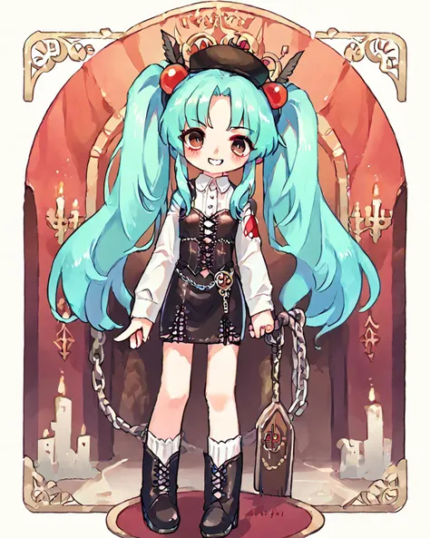 score_9, score_8_up, score_7_up, score_6_up, source_anime, rating_safe, ah1, 1girl, (Standing with one hand on a coffin, a sinister smile on the lips), (french gray corset top with clockwork embroidery, leather skirt with chain details, bowler hat with goggles, lace-up boots), (in In front of the Al-Aqsa Mosque in Jerusalem), (Face with a cheeky grin and a twinkle in the eye), <lora:HOSHINO_ruri_PONYXL:0.8>, blush, brown_eyes, very long hair, aqua hair, twintails,