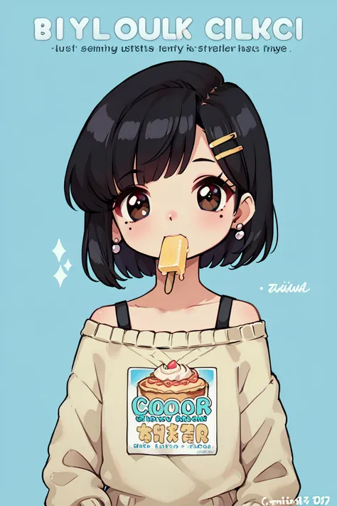 score_9, score_8_up, score_7_up, score_6_up, BREAK , source_real, raw, photo, realistic BREAK 1girl, solo, looking at viewer, short hair, bangs, black hair, hair ornament, jewelry, upper body, earrings, food, hairclip, off shoulder, mole, sweater, english text, mole under eye, blue background, mouth hold, cover, popsicle, retro artstyle, food in mouth, off-shoulder sweater, album cover, magazine cover, fake cover