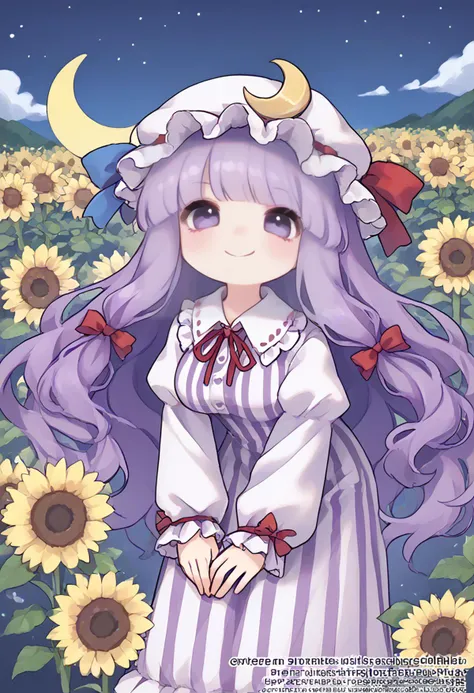 score_9, score_8_up, score_7_up, score_6_up, score_5_up, score_4_up, source_anime, rating_safe, night, dark, 1girl, solo, portrait, dutch angle, patchouli_knowledge, touhou, purple hair, purple eyes, hair_bow, blue_bow, red_bow, long hair, medium breasts, mob_cap, crescent_hat_ornament, long_sleeves, vertical-striped_clothes, vertical-striped_dress, red_ribbon, furrowed brow, smirk, looking up, middle finger, w arms, bent over, (contrapposto), outdoors, sunflower field
<lora:Touhou_pony:1>
<lora:StS_PonyXL_Detail_Slider_v1.2:4>
<lora:pcm_sdxl_smallcfg_16step_converted:1>