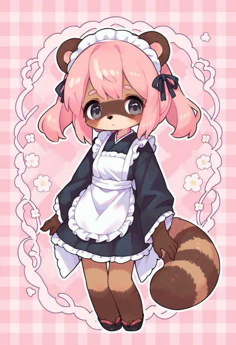 score_9, score_8_up, score_7_up,
canid, canine, mammal, raccoon dog, tanuki, anthro, asian clothing, brown body, brown fur, clothing, east asian clothing, female, fur, grey eyes, hair, japanese clothing, kimono, maid apron, maid headdress, pattern background, pink hair, plaid, plaid background, simple background, solo, young, young anthro, young female