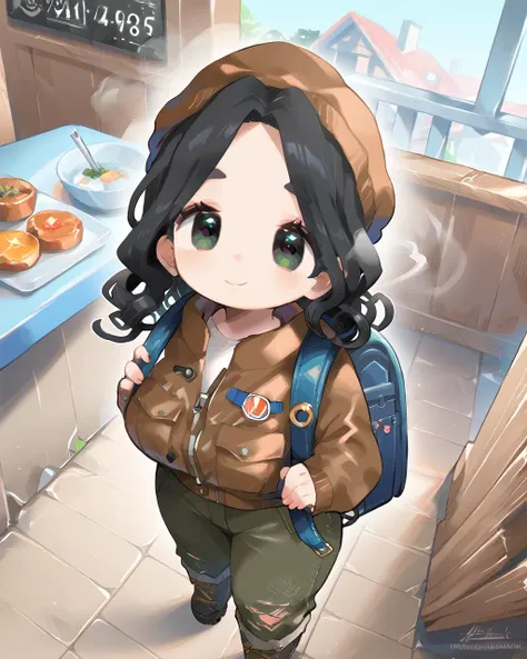 PonyScores7, source_anime, ah1, 1girl, (curly hair), long hair, (black hair), mature female, (parted hair:1.7), (round face:1.2), (no_bangs), (no_fringe), (thick eyebrows), (curvy), round-chin, (greenish hazel eyes), caucasian, (downturned eyes:1.2), (plump face), <lora:ETO_OCPonyXL:0.5> eto_oc, skindentation, (plump:1.2), thick thighs, wide hips, busty, voluptuous, kinky curls, lips, bad-hands-5, <lora:venus body PonyXL:0.6>, <lora:aesthetic_anime_v1s:0.2>, <lora:Expressive_H:0.2> Expressiveh, <lora:hairdetailpxl:0.2> hairdetailpxl, <lora:detailxl:0.2> detailxl, best quality, amazing quality, best aesthetic, absurdres, <lora:expressive eyes:0.2> expressive eyes, <lora:eyedetailpxl:0.2> eyedetailpxl, illustration, Volumetric_Lighting, ultra-detailed, very aesthetic, intricate details, 8k, masterpiece, best_quality, smile, (High Angle (from behind) view Close shot (focus on head)), (nanny, in casual clothes with a stroller), (Restaurant, Smoky ambiance with overturned tables, shattered glassware, flames consuming the bar counter, dangling light fixtures sparking, and the smell of burnt wood and food), (dodgerblue Urban Explorer Look, Cargo pants, Utility jacket, Combat boots, Beanie hat, Backpack, Aviator sunglasses), <lora:Eyes_High_Definition:0.4> EyesHD, looking at viewer, Stable_Yogis_PDXL_Positives, <lora:Cute_japanese_style:0.8>