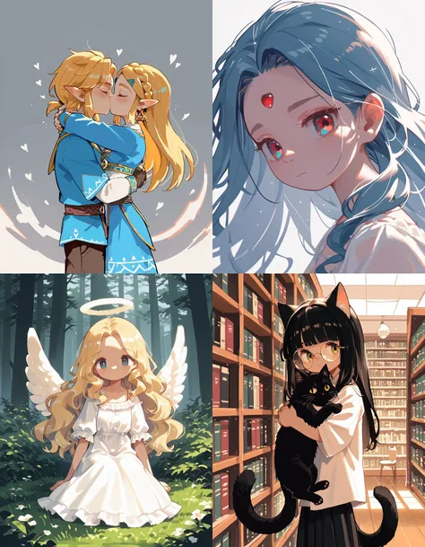 https://civitai.com/articles/5300 ___ All images: score_9, score_8_up, score_7_up ___ 1st image: 1girl, 1boy, Princess_Zelda, \(The_Legend_of_Zelda:_Breath_of_the_Wild\), standing, kiss, hug, closed_eyes ___ 2nd image: 1girl, lovely face, portrait, close-up, looking_at_viewer, closed_mouth ___ 3rd image: 1girl, solo, blonde_hair, wavy_hair, angel, angel_wings, halo, smile, sitting, forest, white_dress ___ 4th Image: 1girl, solo, long_hair, black_hair, blunt_bangs, straight_hair, round_eyewear, cat_girl, cat_ears, cat_tail, standing, hug cat, looking_at_viewer, library