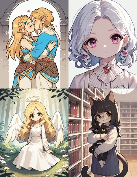 https://civitai.com/articles/5300 ___ All images: score_9, score_8_up, score_7_up ___ 1st image: 1girl, 1boy, Princess_Zelda, \(The_Legend_of_Zelda:_Breath_of_the_Wild\), standing, kiss, hug, closed_eyes ___ 2nd image: 1girl, lovely face, portrait, close-up, looking_at_viewer, closed_mouth ___ 3rd image: 1girl, solo, blonde_hair, wavy_hair, angel, angel_wings, halo, smile, sitting, forest, white_dress ___ 4th Image: 1girl, solo, long_hair, black_hair, blunt_bangs, straight_hair, round_eyewear, cat_girl, cat_ears, cat_tail, standing, hug cat, looking_at_viewer, library