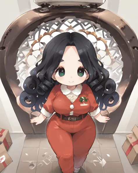 PonyScores7, source_anime, ah1, 1girl, (curly hair), long hair, (black hair), mature female, (parted hair:1.7), (round face:1.2), (no_bangs), (no_fringe), (thick eyebrows), (curvy), round-chin, (greenish hazel eyes), caucasian, (downturned eyes:1.2), (plump face), <lora:ETO_OCPonyXL:0.5> eto_oc, skindentation, (plump:1.2), thick thighs, wide hips, busty, voluptuous, kinky curls, lips, bad-hands-5, <lora:venus body PonyXL:0.6>, <lora:aesthetic_anime_v1s:0.2>, <lora:Expressive_H:0.2> Expressiveh, <lora:hairdetailpxl:0.2> hairdetailpxl, <lora:detailxl:0.2> detailxl, best quality, amazing quality, best aesthetic, absurdres, <lora:expressive eyes:0.2> expressive eyes, <lora:eyedetailpxl:0.2> eyedetailpxl, illustration, Volumetric_Lighting, ultra-detailed, very aesthetic, intricate details, 8k, masterpiece, best_quality, smile, (High Angle view Close shot (focus on waist)), (interstellar delivery person, in a streamlined suit with a jetpack and a delivery bag), (responding to a maritime distress signal, the military plane coordinating with rescue teams), (Christmas Green Steampunk-inspired bustiers with gears and clockwork details), <lora:Eyes_High_Definition:0.4> EyesHD, looking at viewer, Stable_Yogis_PDXL_Positives, <lora:Cute_japanese_style:0.8> <lora:Mochi0025_r1:0.8> mochi0025