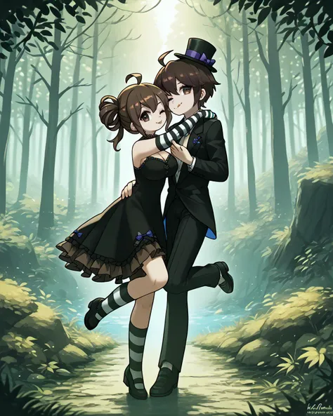forest, trees,wilderness 1girl,kiss,1boy,black suit,,<lora:Komaru_Naegi:0.8> komaru naegi,ort hair, dark brown hair, (ahoge), ,large breasts,wink, tongue out, looking at viewer, smile, standing on one leg,, score_9, score_8_up,score_7_up,score_6_up,, , elbow_gloves,black_dress,mini_top_hat,,black_hat,single_glove,striped_gloves,,