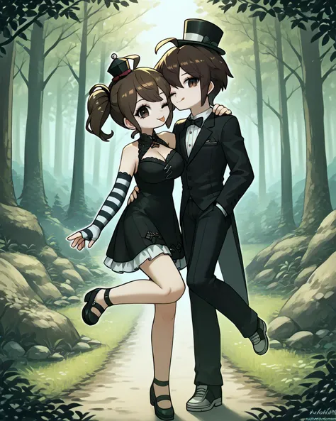 ,CUTE,forest, trees,wilderness 1girl,kiss,1boy,black suit,,<lora:Komaru_Naegi:0.8> komaru naegi,ort hair, dark brown hair, (ahoge), ,large breasts,wink, tongue out, looking at viewer, smile, standing on one leg,, score_9, score_8_up,score_7_up,score_6_up,, , elbow_gloves,black_dress,mini_top_hat,,black_hat,single_glove,striped_gloves,,