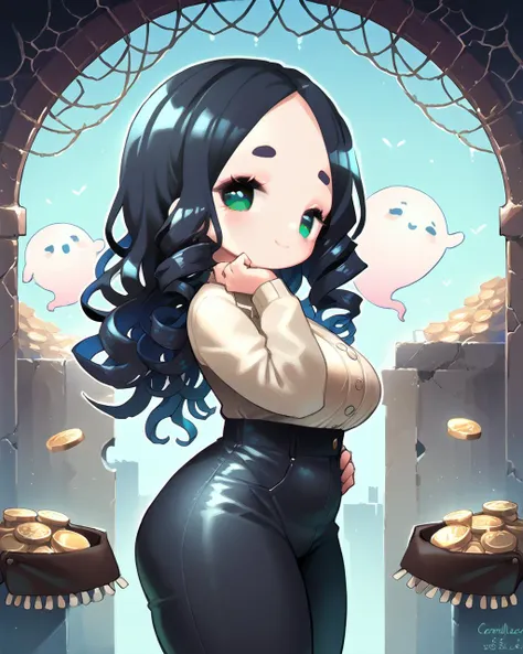 PonyScores7, source_anime, ah1, 1girl, (curly hair), long hair, (black hair), mature female, (parted hair:1.7), (round face:1.2), (no_bangs:1.3), (no_fringe:1.6), (thick eyebrows), (curvy), round-chin, (greenish hazel eyes), caucasian, (downturned eyes:1.2), (plump face), <lora:ETO_OCPonyXL:0.5> eto_oc, skindentation, (plump:1.2), thick thighs, wide hips, busty, voluptuous, kinky curls, lips, bad-hands-5, <lora:venus body PonyXL:0.6>, <lora:aesthetic_anime_v1s:0.2>, <lora:Expressive_H:0.2> Expressiveh, <lora:hairdetailpxl:0.2> hairdetailpxl, <lora:detailxl:0.2> detailxl, best quality, amazing quality, best aesthetic, absurdres, <lora:expressive eyes:0.2> expressive eyes, <lora:eyedetailpxl:0.2> eyedetailpxl, illustration, Volumetric_Lighting, ultra-detailed, very aesthetic, intricate details, 8k, masterpiece, best_quality, smile, (Ground level (from the side) view medium Close shot (focus on waist)), (merchant, in modest attire with a scale and a bag of coins), (Ghost-infested, abandoned subway tunnels), (bronze beige blouse, black trousers, camel blazer, brown flats), <lora:Eyes_High_Definition:0.4> EyesHD, looking at viewer,