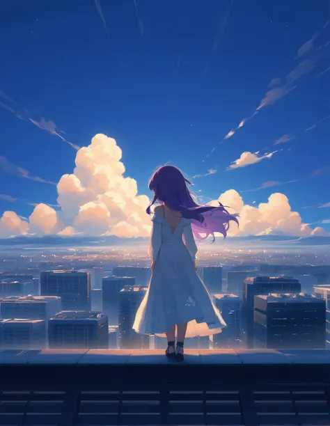score_9, score_8_up, score_7_up BREAK best quality, masterpiece, 4k, prefect lighting, dynamic angle, 1girl
, young woman, long hair, Hair fluttering in the wind
, look down, leaning forward
, long light dress
, on the roof of a skyscraper, strong wind, night, purple accent, dark scene