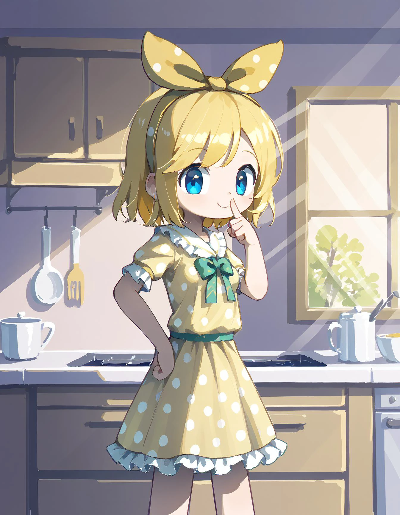 1girl, solo, kagamine_rin, small breasts, short hair, yellow hair, blue eyes, yellow ribbon, hairband, (polka dot ribbon:1.15), (green bow:1.1), yellow dress, polka dot dress, frilled dress, frilled skirt, frills,
indoors, kitchen, morning, light_rays, standing, from_side, straight-on, upper_body,
<lora:finger-to-cheek-ponyxl-lora-nochekaiser:1>, finger to cheek, index finger raised, pointing at self, smile, closed_mouth,