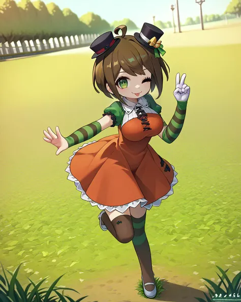 colourful,bright, dutch angle,CUTE,wilderness,field,park,grass, 1girl,,<lora:Komaru_Naegi:1.1> komaru naegi,ort hair, dark brown hair, (ahoge),green eyes, elbow_gloves,red dress,mini_top_hat,,green_hat,single_glove,striped_gloves ,thighhighs,high heals, large breasts,wink, tongue out, looking at viewer, smile, standing on one leg,, score_9, score_8_up,score_7_up,score_6_up,