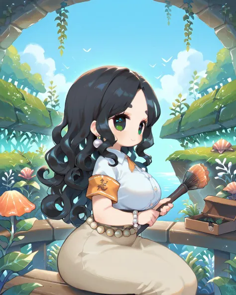 PonyScores7, source_anime, ah1, 1girl, (curly hair), long hair, (black hair), mature female, (parted hair:1.7), (round face:1.2), (no_bangs), (no_fringe), (thick eyebrows), (curvy), round-chin, (greenish hazel eyes), caucasian, (downturned eyes:1.2), (plump face), <lora:ETO_OCPonyXL:0.5> eto_oc, skindentation, (plump:1.2), thick thighs, wide hips, busty, voluptuous, kinky curls, lips, bad-hands-5, <lora:venus body PonyXL:0.6>, <lora:aesthetic_anime_v1s:0.2>, <lora:Expressive_H:0.2> Expressiveh, <lora:hairdetailpxl:0.2> hairdetailpxl, <lora:detailxl:0.2> detailxl, best quality, amazing quality, best aesthetic, absurdres, <lora:expressive eyes:0.2> expressive eyes, <lora:eyedetailpxl:0.2> eyedetailpxl, illustration, Volumetric_Lighting, ultra-detailed, very aesthetic, intricate details, 8k, masterpiece, best_quality, smile, (From the side, presenting a profile view), (zookeeper, in uniform with animal feed), (garden, Stone pathway winding through carefully tended plants, decorative bridge over a small stream, stone lanterns, wooden bench, miniature rock garden), (Taxi Cab Yellow alluring mermaid, scalloped tail fin, wearing a pearl bracelet, seaweed anklet, starfish earrings, seashell belt, glittering hair comb, oceanic armband, coral staff, glittery highlighter), <lora:Eyes_High_Definition:0.4> EyesHD, looking at viewer, Stable_Yogis_PDXL_Positives,