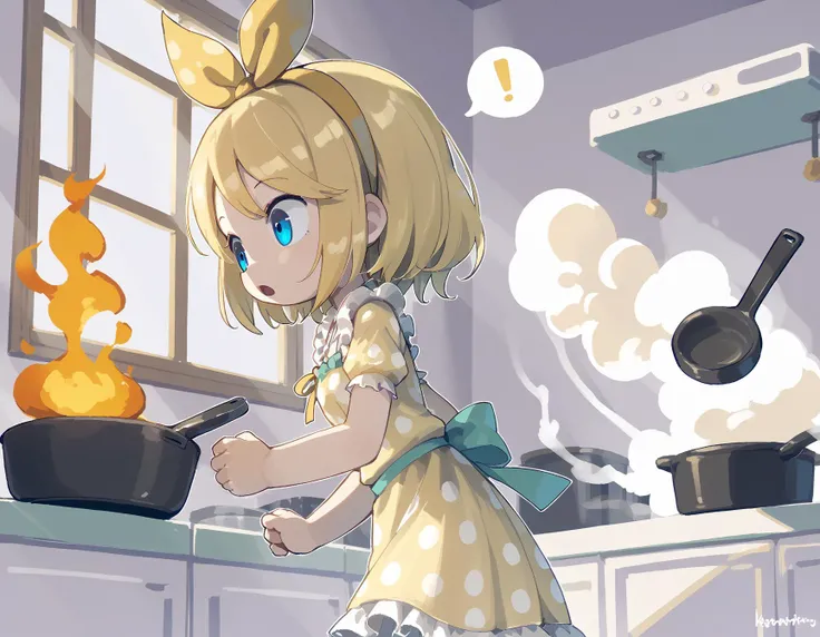 1girl, solo, kagamine_rin, small breasts, short hair, yellow hair, blue eyes, yellow ribbon, hairband, (polka dot ribbon:1.15), (green bow:1.1), yellow dress, polka dot dress, frilled dress, frilled skirt, frills,
indoors, kitchen, window, morning, light_rays, cooking, from_side, from_below, upper_body, frying_pan, holding frying_pan, eggs, omlet, (smoke out of frying pan:1.2), (fire:1.3), (smoke:1.1), (fisheye:1.1), open_mouth, spoken_exclamation_mark,