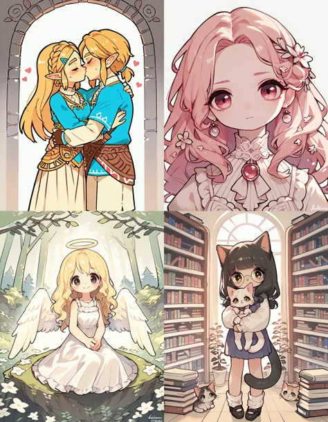 https://civitai.com/articles/5300 ___ All images: score_9, score_8_up, score_7_up ___ 1st image: 1girl, 1boy, Princess_Zelda, \(The_Legend_of_Zelda:_Breath_of_the_Wild\), standing, kiss, hug, closed_eyes ___ 2nd image: 1girl, lovely face, portrait, close-up, looking_at_viewer, closed_mouth ___ 3rd image: 1girl, solo, blonde_hair, wavy_hair, angel, angel_wings, halo, smile, sitting, forest, white_dress ___ 4th Image: 1girl, solo, long_hair, black_hair, blunt_bangs, straight_hair, round_eyewear, cat_girl, cat_ears, cat_tail, standing, hug cat, looking_at_viewer, library
