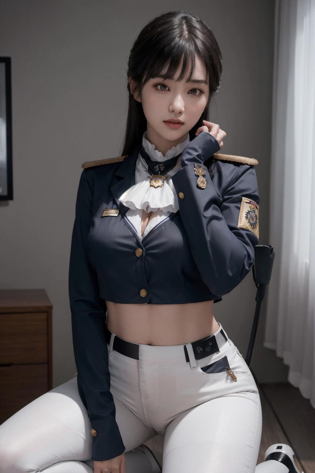 A woman in uniform posing for a picture in a room - SeaArt AI