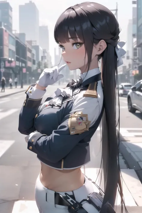 (best quality,absurd res:1.3),(illustration:1.1),perfect lighting,beautiful face,1girl,(bokeh photography:1.1),looking at viewer,(From side:1.2),city,arms behind back,
<lora:marciana-nikke-richy-v1:0.8> marciana, jacket, epaulettes, ascot, crop top, midriff, navel, white pants, white gloves, very long hair,