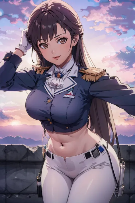 ultra realistic 8k, picture-perfect face, flawless, clean, masterpiece, perfect face, beautiful face, extremely detailed eyes, a woman admiral, standing on a pier overlooking the seas, solo, detailed eyes, beautiful, looking at viewer, dynamic pose, water, confident pose, stormy sea, storm, wind, (dark theme:0.85), medium breasts, (white parade pants, blue admiral uniform, blue parade uniform, admiral hat), hyperrealistic photography, extremely detailed CG unity 8k wallpaper, HDR, RAW photo, dslr, intricate detail, cute, magical, enchanting, parted lips, vibrant lighting, vibrant colors, (masterpiece, best quality, ultra-detailed, best shadow), perfect female body perfect female waist, photography BREAK long hair, crownbraid, chestnut brown hair, ponytail, crownbraid tie, (pronounced blush) <lora:tools\epiNoiseoffset_v2>