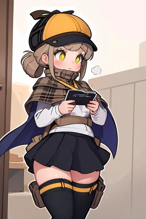 (masterpiece, best quality), 1girl, <lora:novel-nvwls-v2:1> defnovel, deerstalker, yellow hat, plaid capelet, white shirt, long sleeves, black skirt, black thighhighs