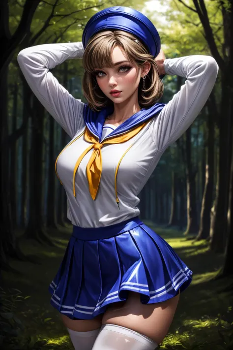 (ultra realistic,32k,RAW photo:1.1),(high detailed skin:1.1), 8k uhd, dslr, high quality, film grain, (makeup, mascara:1.1), lips,(thick\lips\), 
(shiny glossy translucent clothing:1.1), <lora:novel-nvwls-v2:0.5>pennovel, blue headwear, hoodie, sailor collar, white thighhighs, blue skirt, <lora:add_detail:0.96>, 
Standing with arms behind the head, 
 (busty:1.1) ,  (chubby:0.1),(beautifully lit:1.2),<lora:LowRA:0.4>, dark theme, enchanted arboretum, sentient trees, harmonious melodies, sacred grove of nature