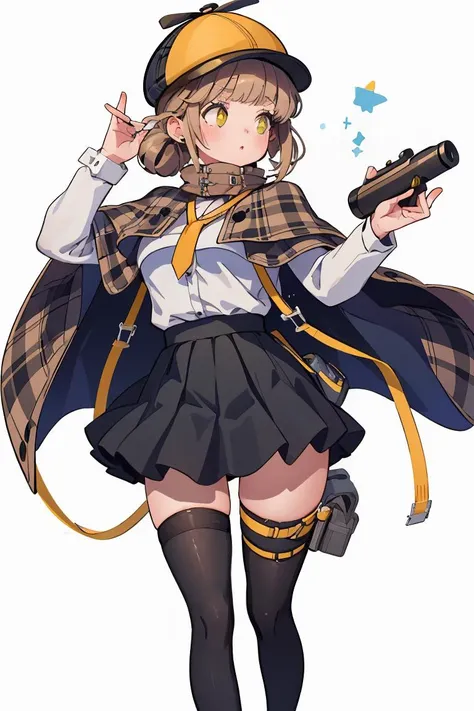 (masterpiece, best quality), 1girl, <lora:novel-nvwls-v2:1> defnovel, deerstalker, yellow hat, plaid capelet, white shirt, long sleeves, black skirt, black thighhighs