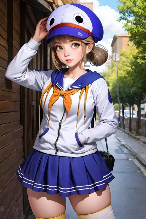 masterpiece, best quality, 8K RAW photo, lpennovel, blue headwear, hoodie, sailor collar, white thighhighs, blue skirt  <lora:novel-nvwls-v2:.95>