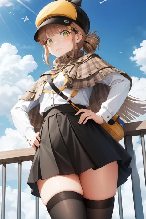 masterpiece, best quality, nikkenovel, deerstalker, plaid capelet, white shirt, black skirt, black thighhighs, cowboy shot, confused, hands to hips, from below, looking down, looking at viewer, sky, clouds <lora:novel-nvwls-v1-000010:0.9>
