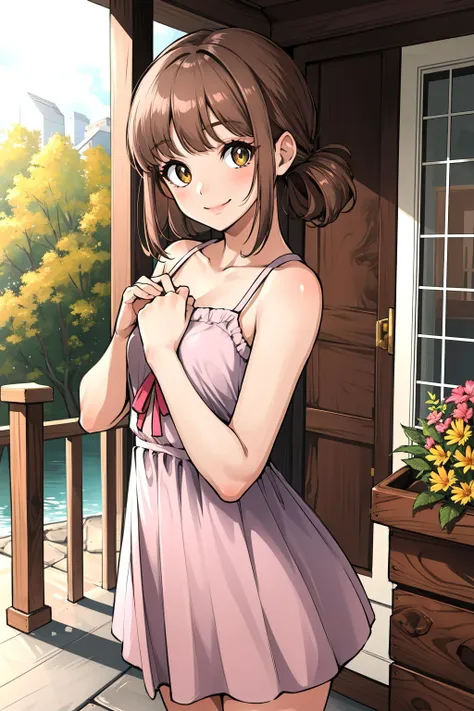 masterpiece, best quality, nikkenovel, brown eyes, pink sundress, looking at viewer, smile, hands to heart, porch <lora:novel-nvwls-v1-000010:0.8>