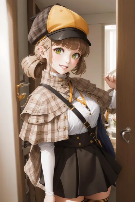 masterpiece, best quality, nikkenovel, deerstalker, plaid capelet, white shirt, black skirt, black thighhighs, upper body, smile, closed mouth, house <lora:novel-nvwls-v1-000010:0.9>