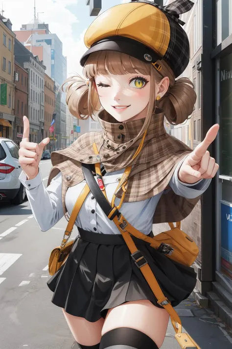 masterpiece, best quality, nikkenovel, deerstalker, plaid capelet, white shirt, black skirt, black thighhighs, cowboy shot, smile, closed mouth, pointing with index finger, one eye closed, looking at viewer, city street <lora:novel-nvwls-v1-000010:0.9>